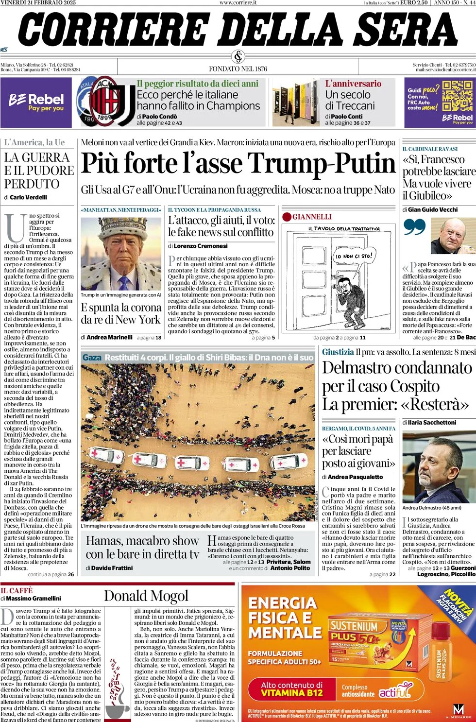 anteprima della prima pagina di corriere-della-sera del 21/02/2025