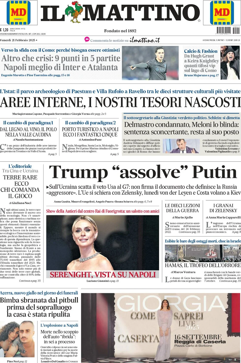 anteprima della prima pagina di il-mattino del 21/02/2025