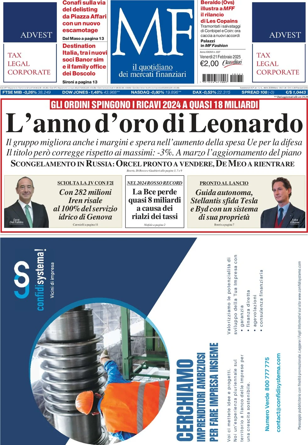 anteprima della prima pagina di mf-milano-finanza del 21/02/2025
