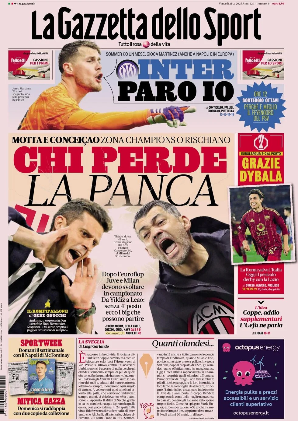 anteprima della prima pagina di la-gazzetta-dello-sport del 21/02/2025