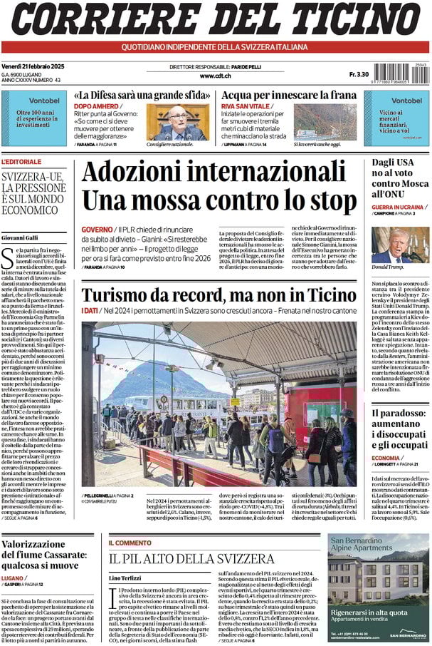 anteprima della prima pagina di corriere-del-ticino del 21/02/2025