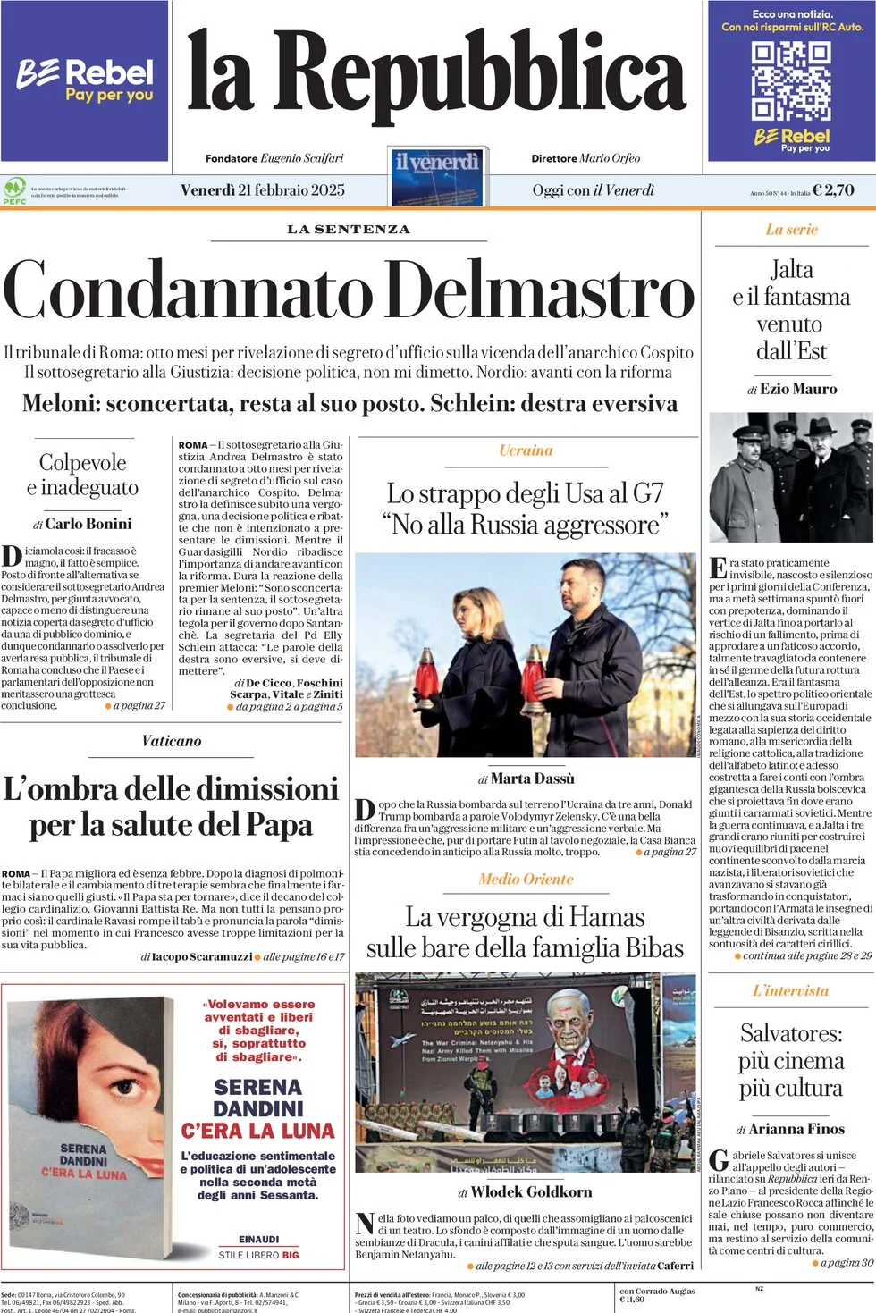 anteprima della prima pagina di la-repubblica del 21/02/2025