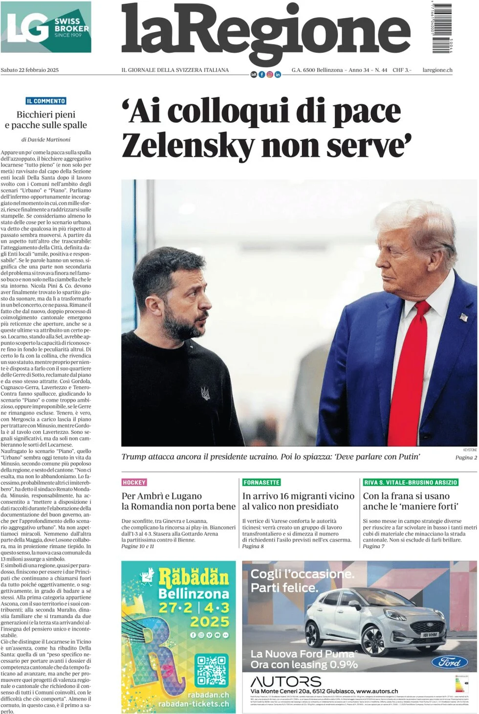 anteprima della prima pagina di la-regione del 22/02/2025