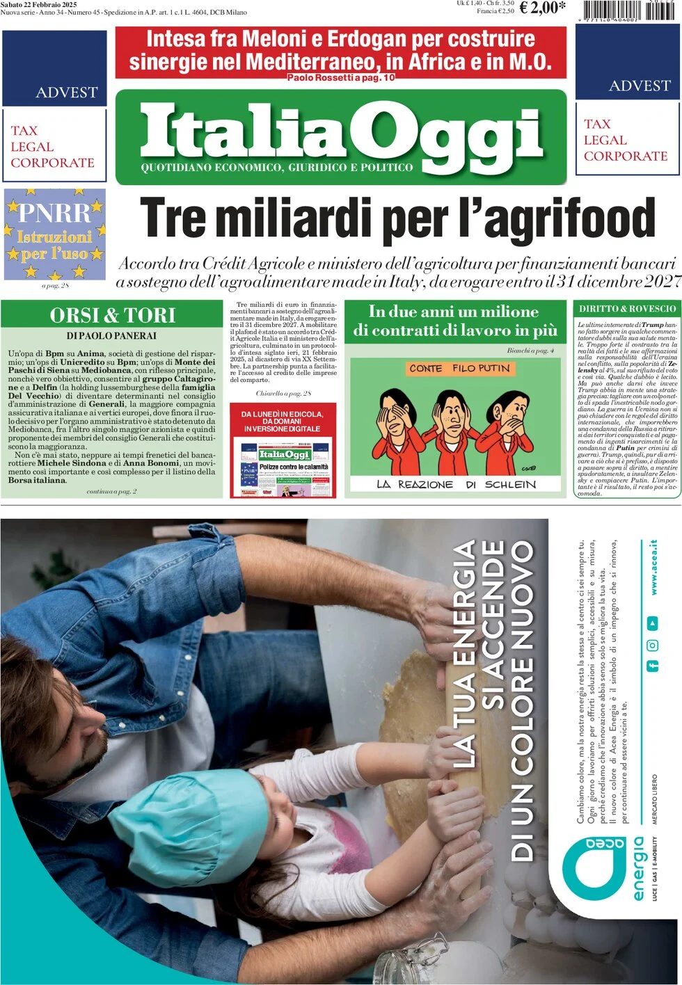 anteprima della prima pagina di italiaoggi del 22/02/2025