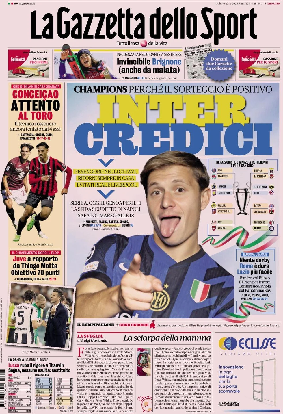 anteprima della prima pagina di la-gazzetta-dello-sport del 22/02/2025