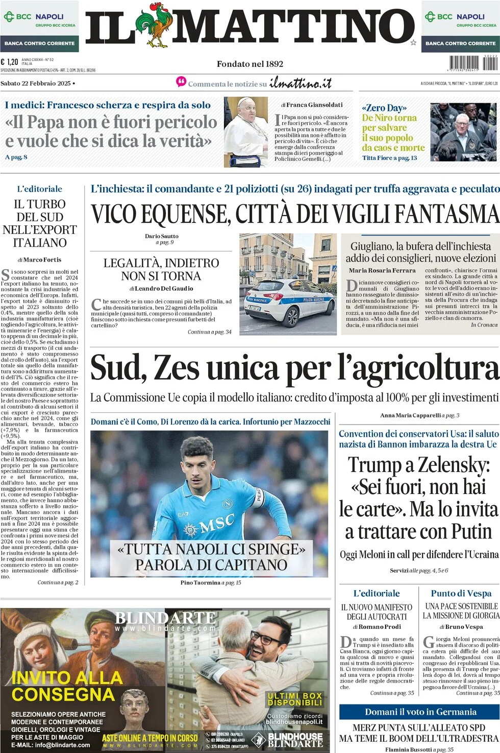 anteprima della prima pagina di il-mattino del 22/02/2025