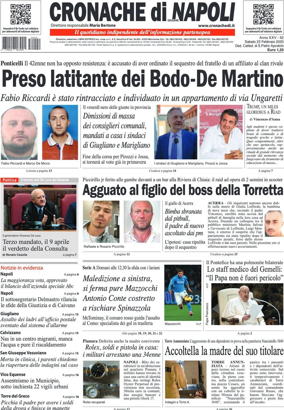 anteprima della prima pagina di cronache-di-napoli del 22/02/2025