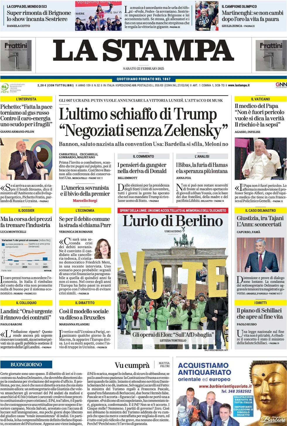 anteprima della prima pagina di la-stampa del 22/02/2025