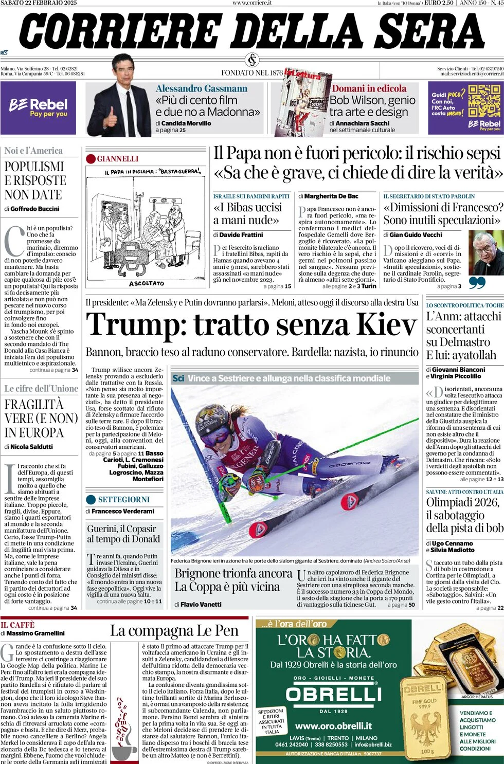 anteprima della prima pagina di corriere-della-sera del 22/02/2025