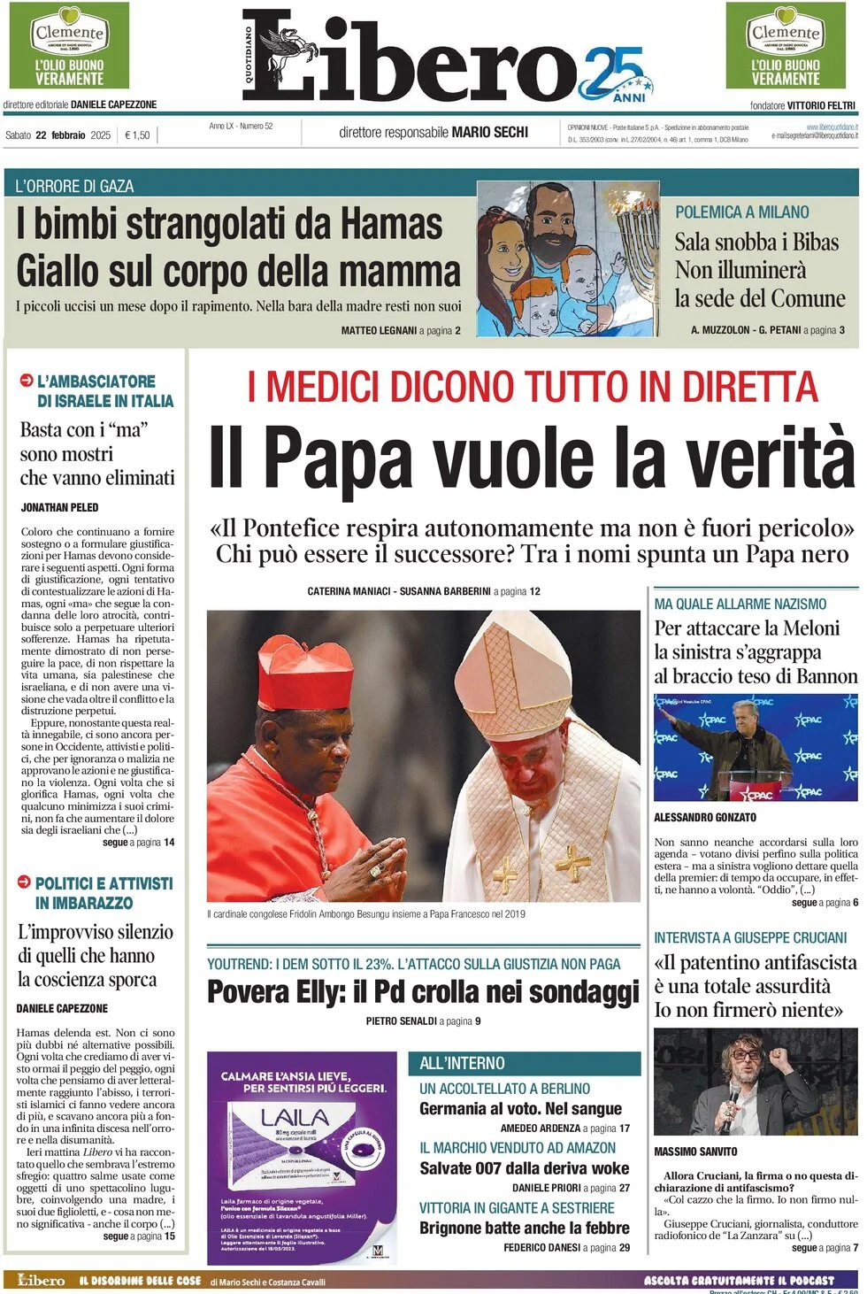 anteprima della prima pagina di libero-quotidiano del 22/02/2025