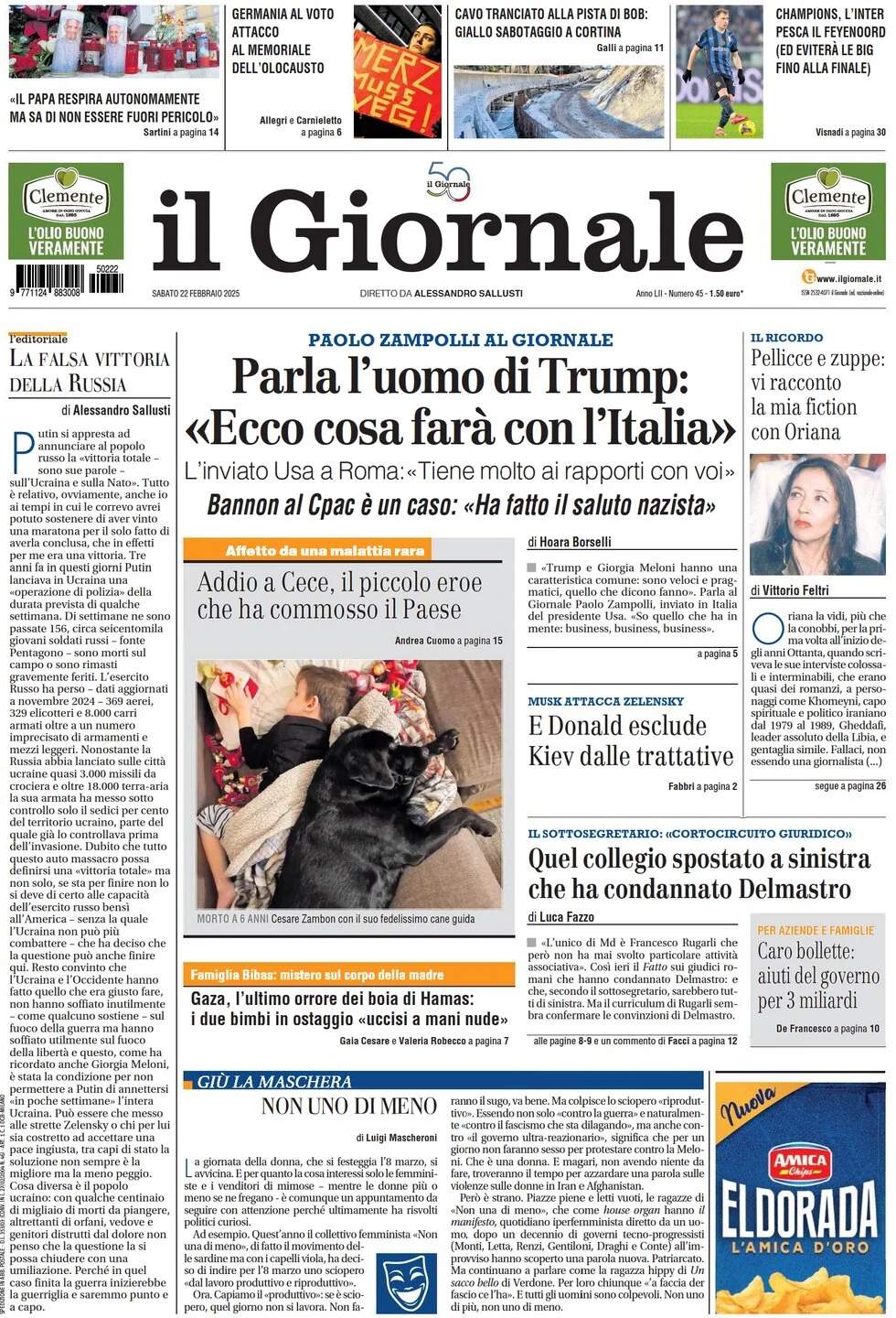 anteprima della prima pagina di il-giornale del 22/02/2025
