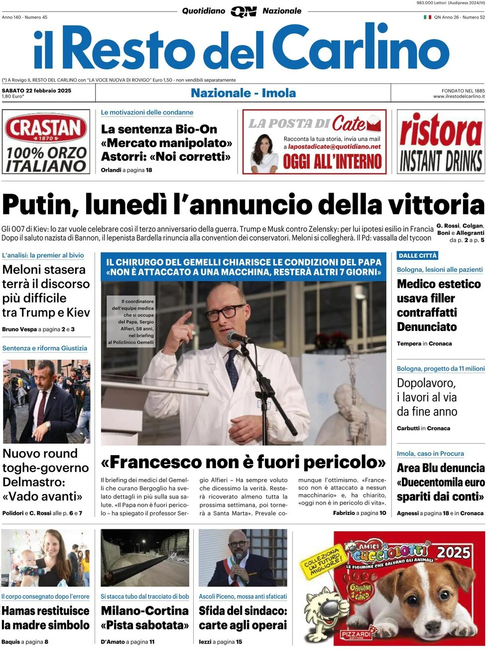 anteprima della prima pagina di il-resto-del-carlino del 22/02/2025