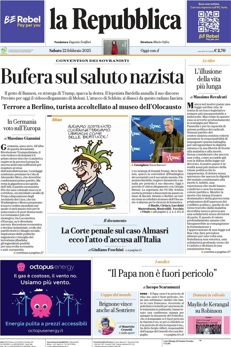 anteprima della prima pagina di la-repubblica del 22/02/2025