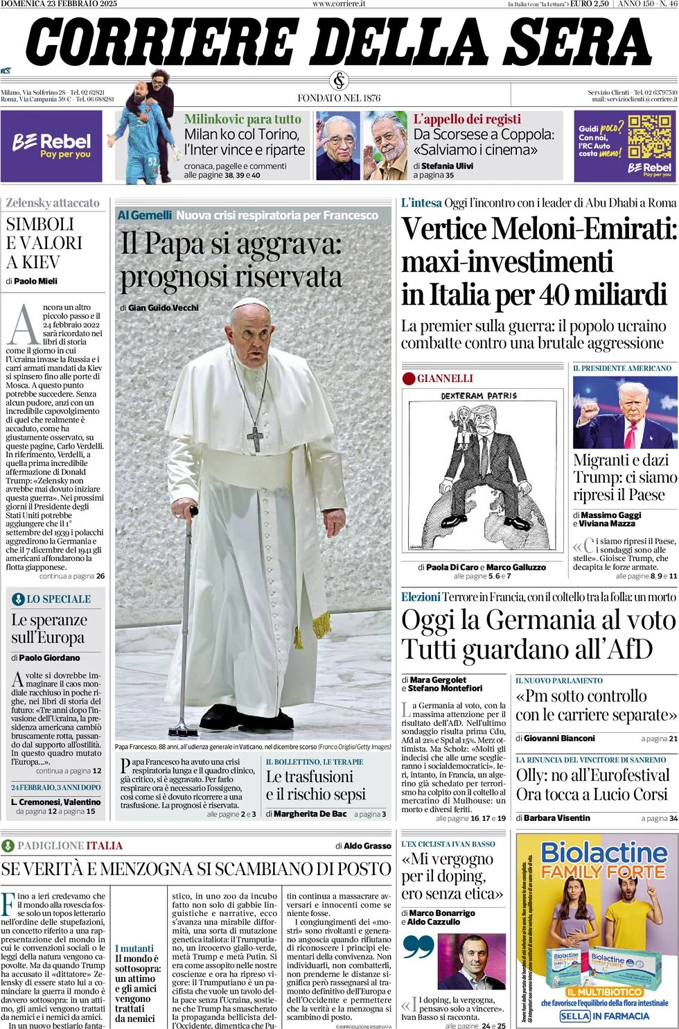 anteprima della prima pagina di corriere-della-sera del 23/02/2025