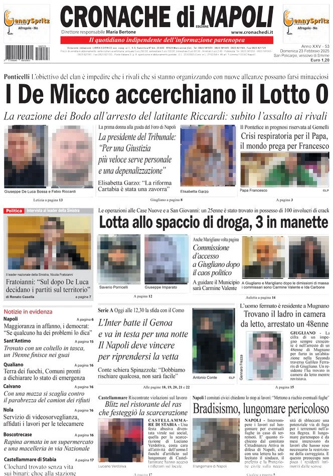 anteprima della prima pagina di cronache-di-napoli del 23/02/2025