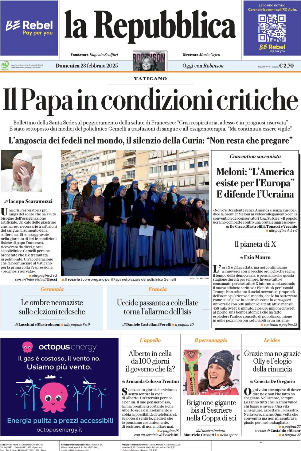 anteprima della prima pagina di la-repubblica del 23/02/2025