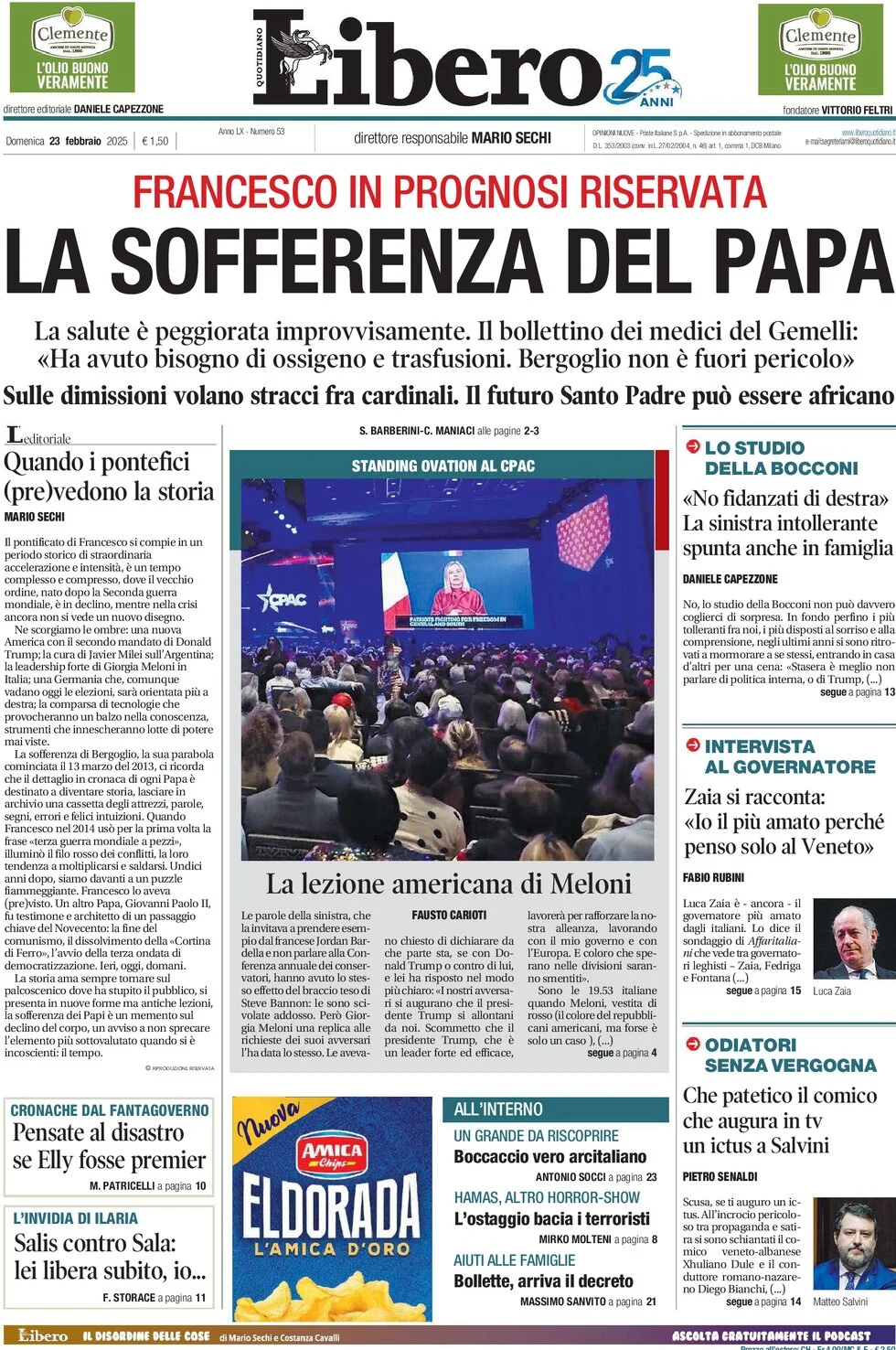 anteprima della prima pagina di libero-quotidiano del 23/02/2025
