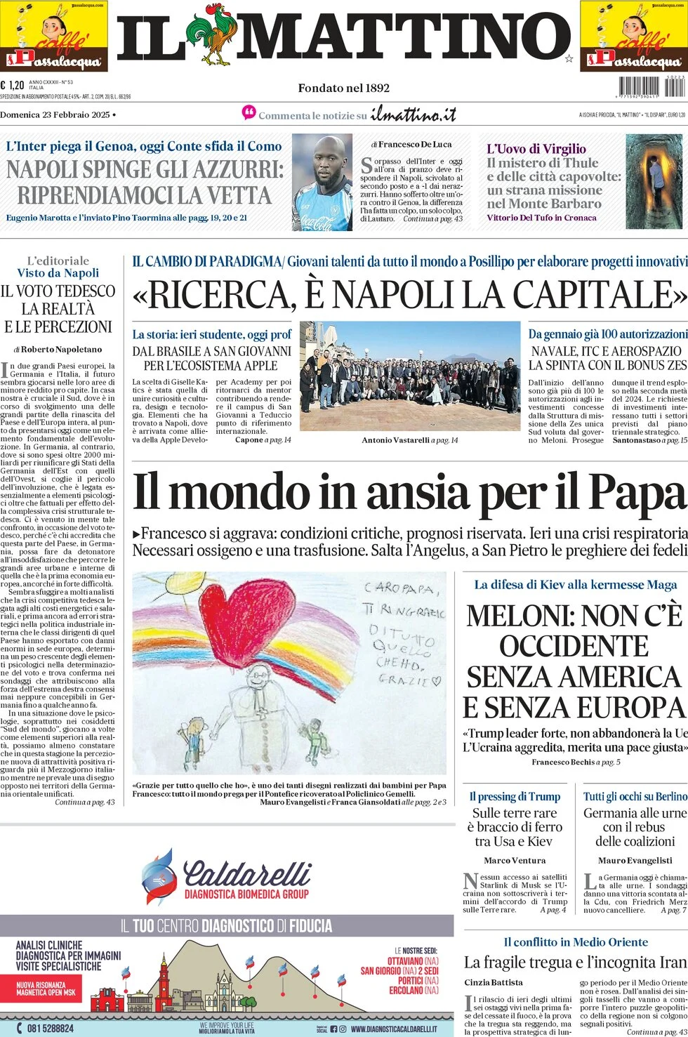 anteprima della prima pagina di il-mattino del 23/02/2025