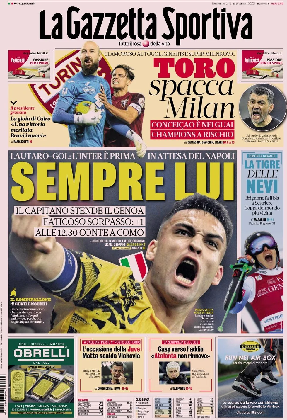 anteprima della prima pagina di la-gazzetta-dello-sport del 23/02/2025