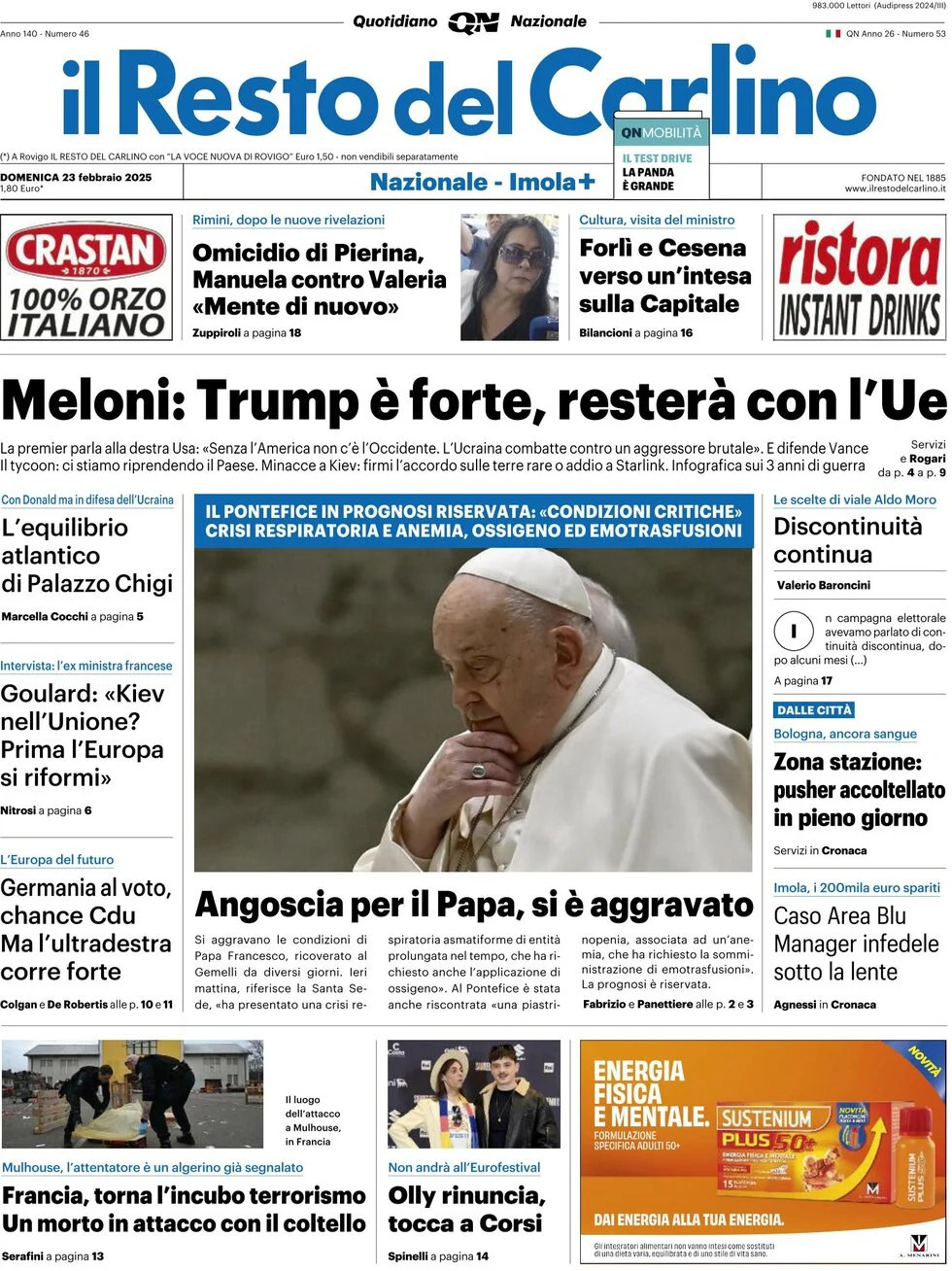anteprima della prima pagina di il-resto-del-carlino del 23/02/2025