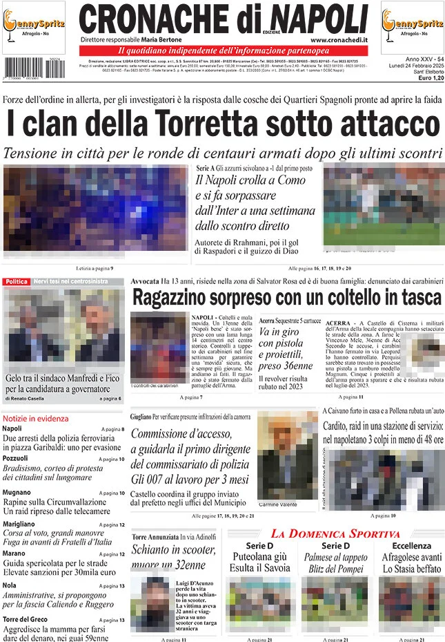anteprima della prima pagina di cronache-di-napoli del 24/02/2025