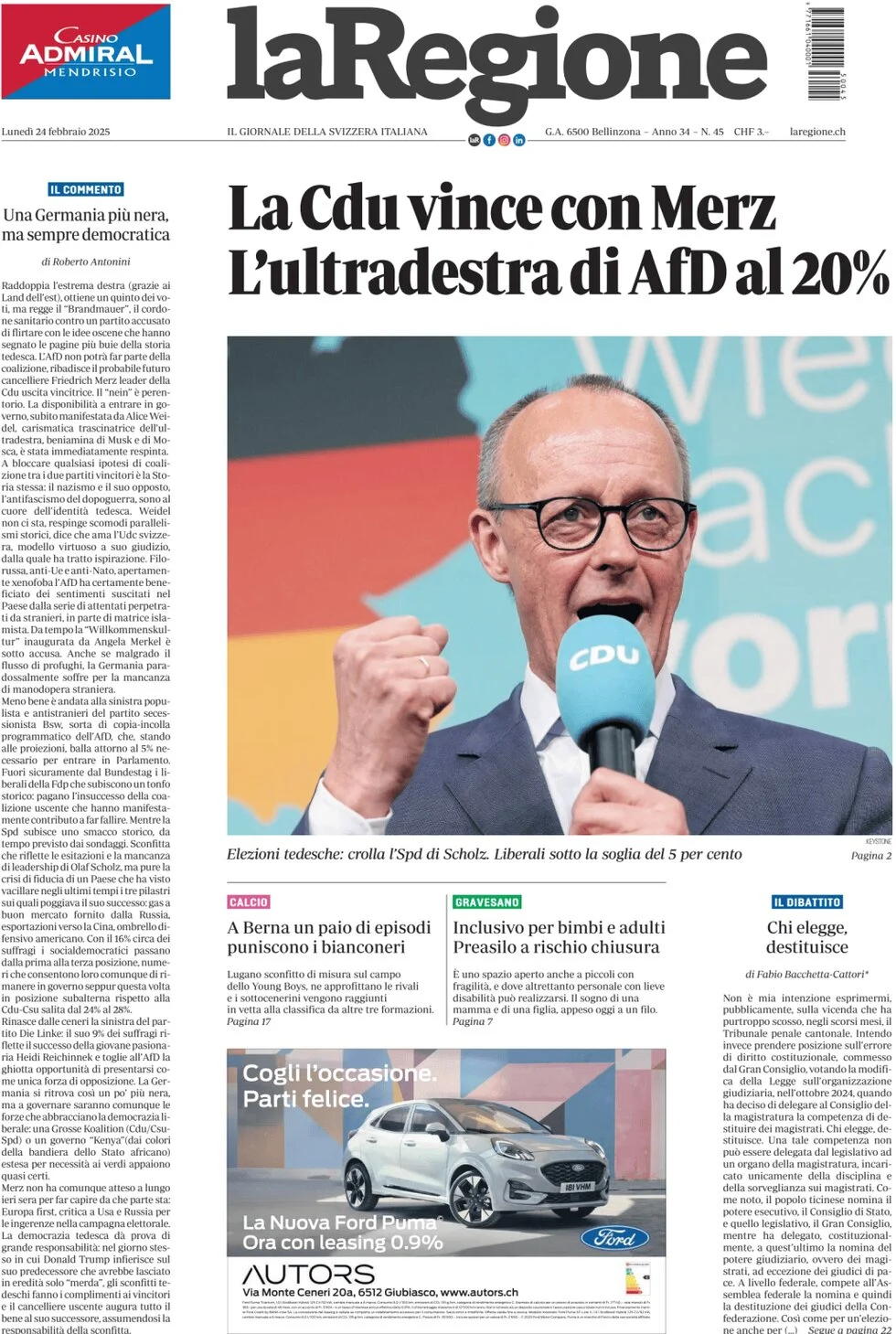 anteprima della prima pagina di la-regione del 24/02/2025