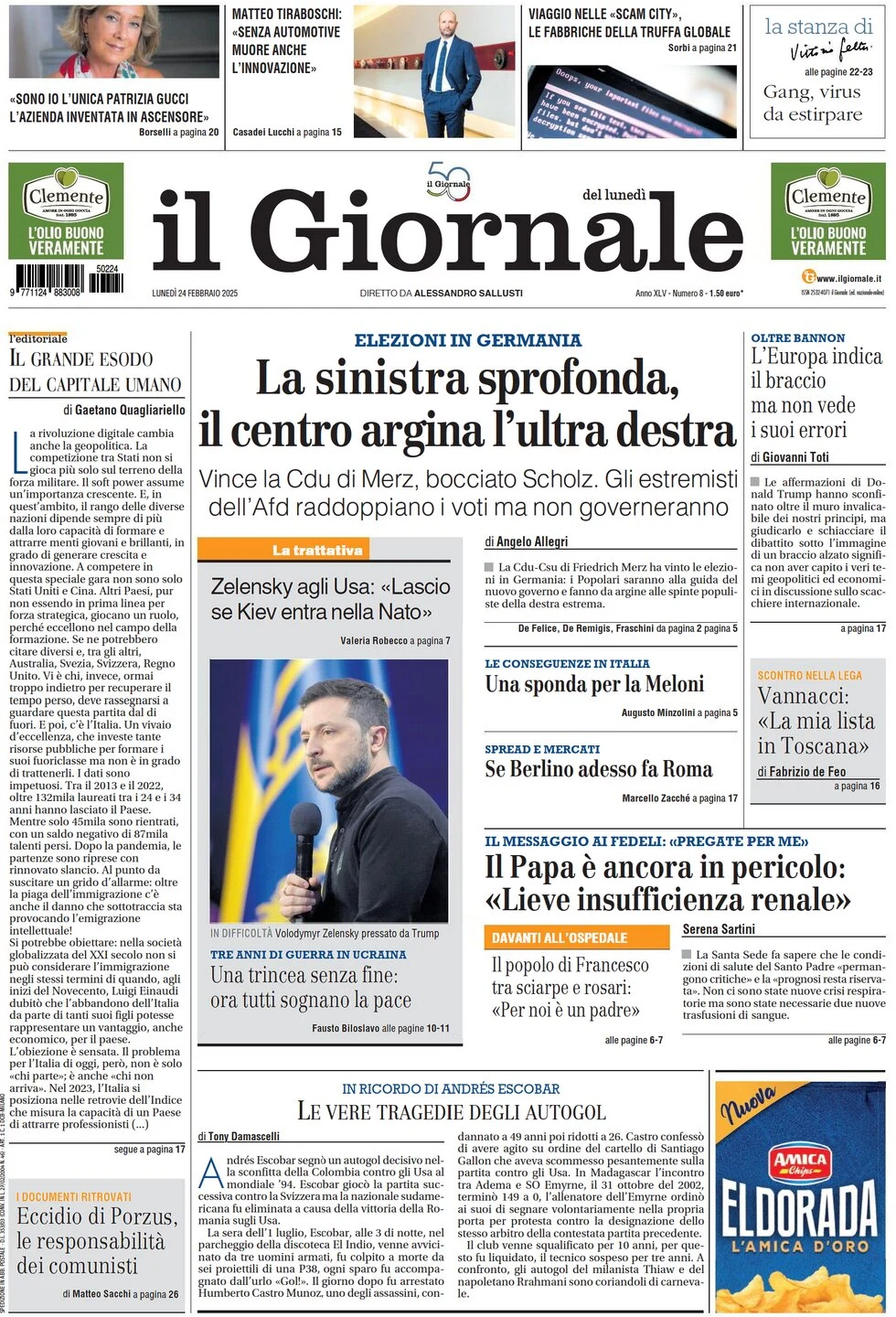 anteprima della prima pagina di il-giornale del 24/02/2025