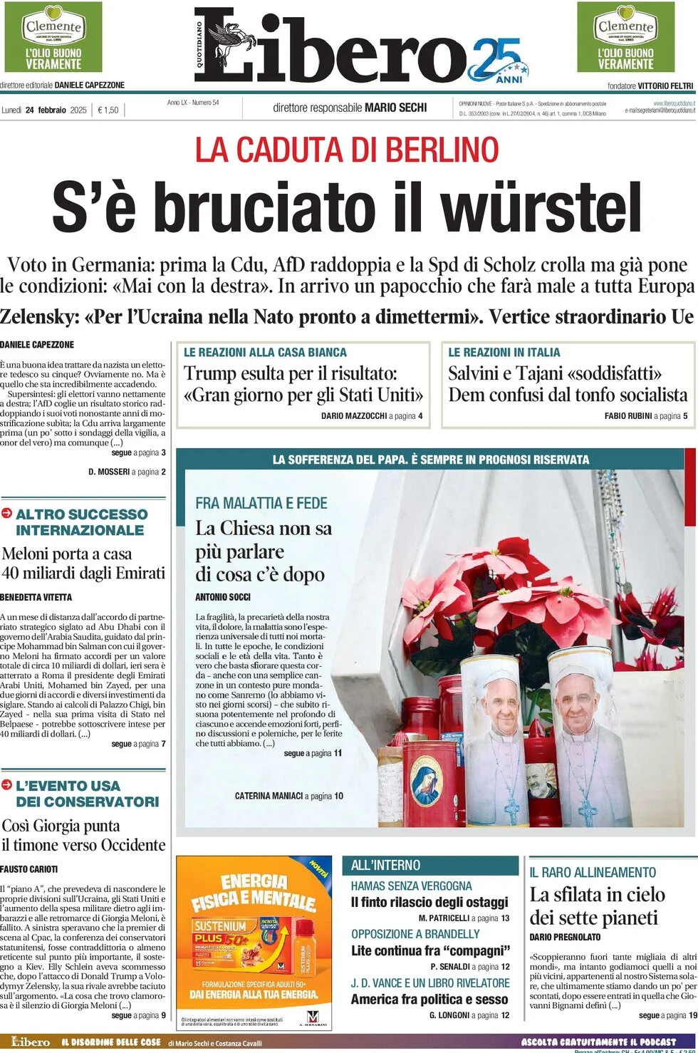 anteprima della prima pagina di libero-quotidiano del 24/02/2025