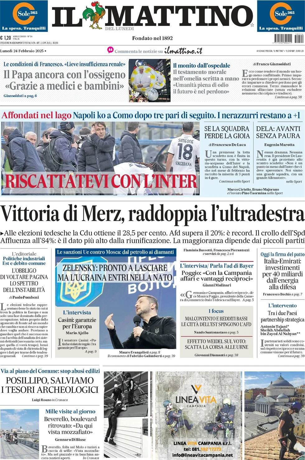 anteprima della prima pagina di il-mattino del 24/02/2025