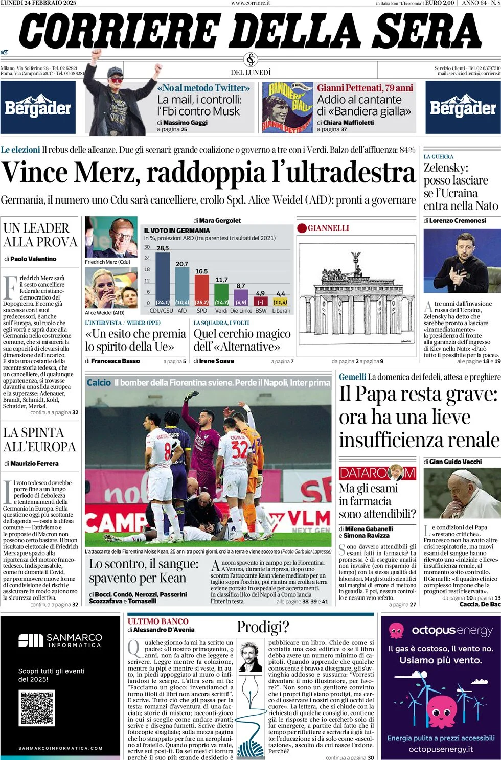 anteprima della prima pagina di corriere-della-sera del 24/02/2025