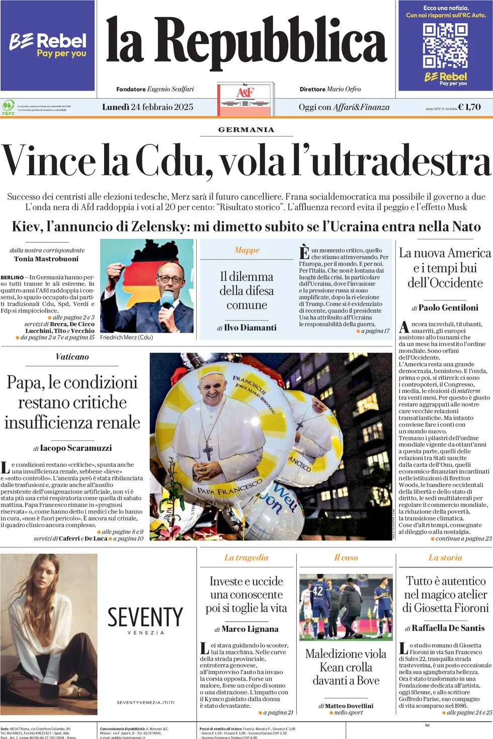 anteprima della prima pagina di la-repubblica del 24/02/2025