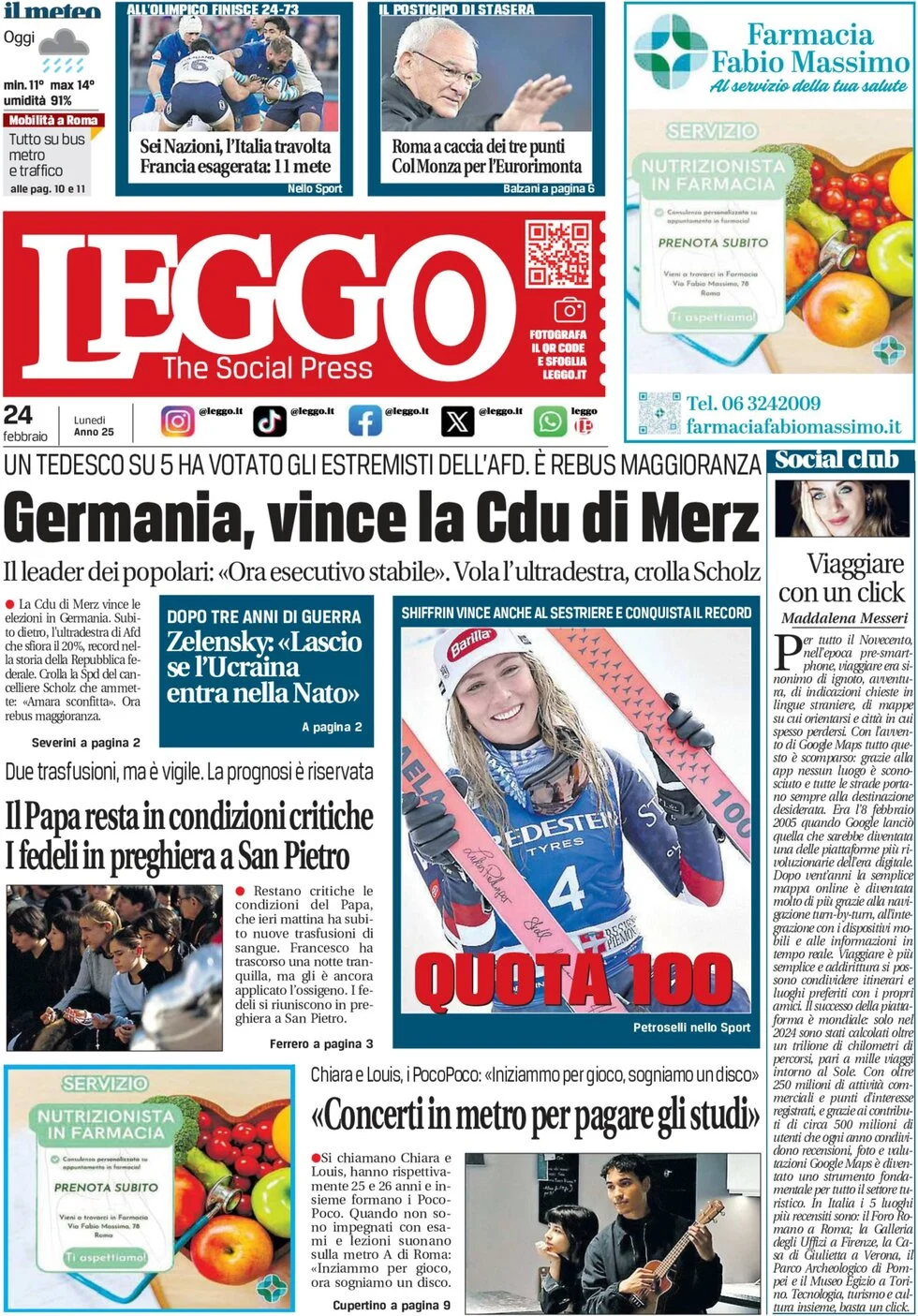 anteprima della prima pagina di leggo-roma del 24/02/2025