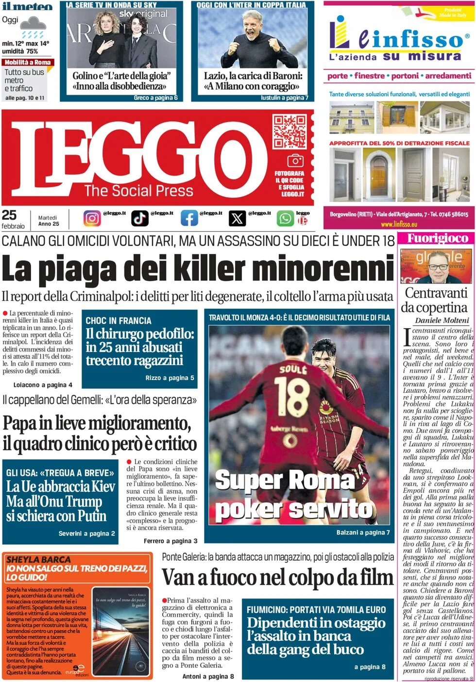 anteprima della prima pagina di leggo-roma del 25/02/2025