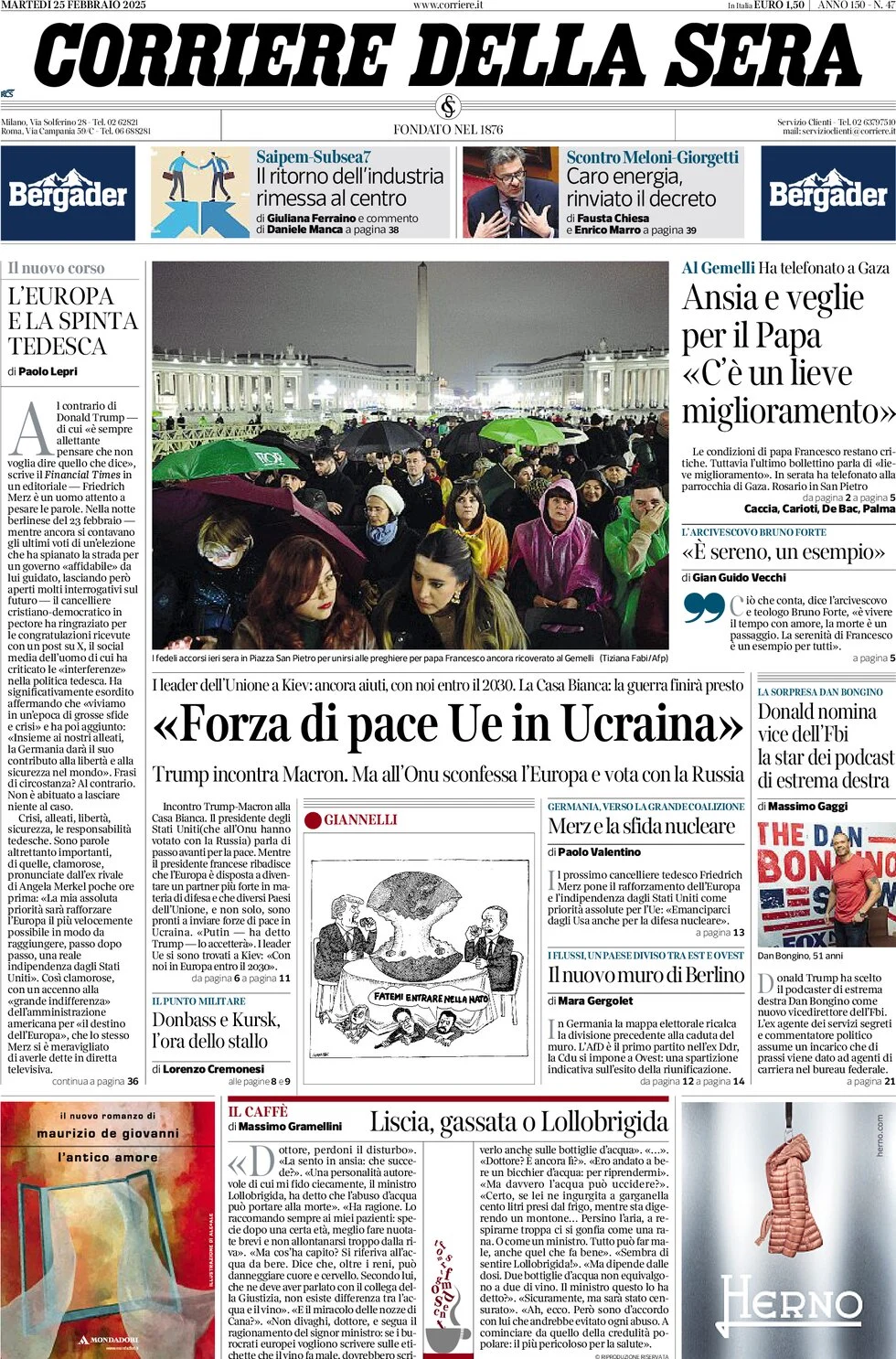 anteprima della prima pagina di corriere-della-sera del 25/02/2025