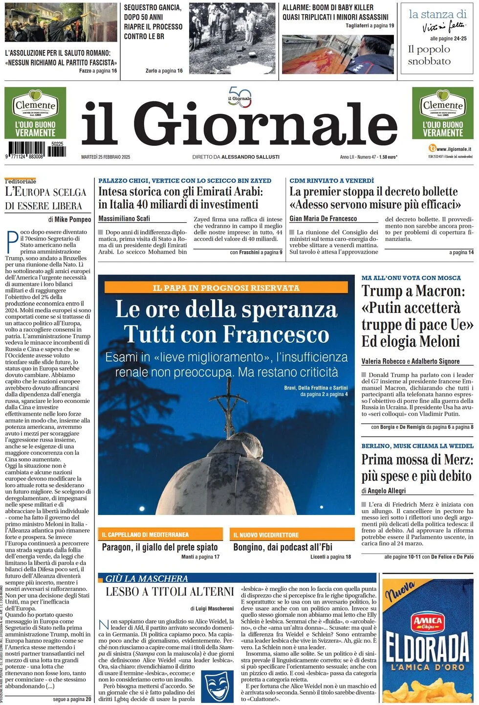 anteprima della prima pagina di il-giornale del 25/02/2025