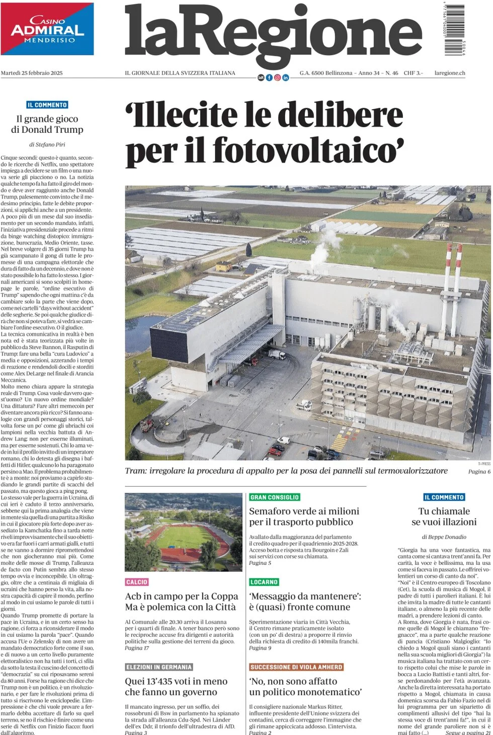 anteprima della prima pagina di la-regione del 25/02/2025