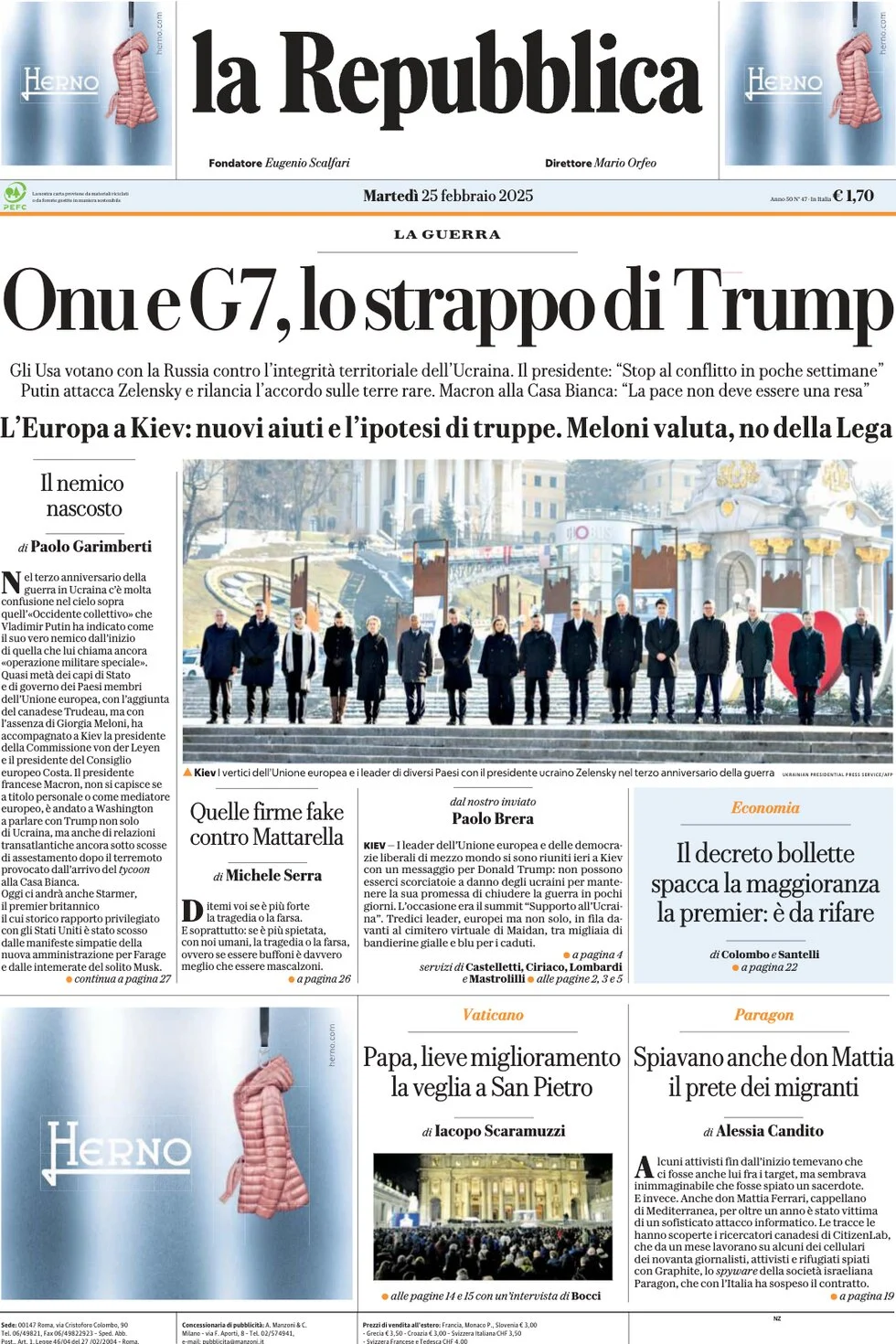 anteprima della prima pagina di la-repubblica del 25/02/2025