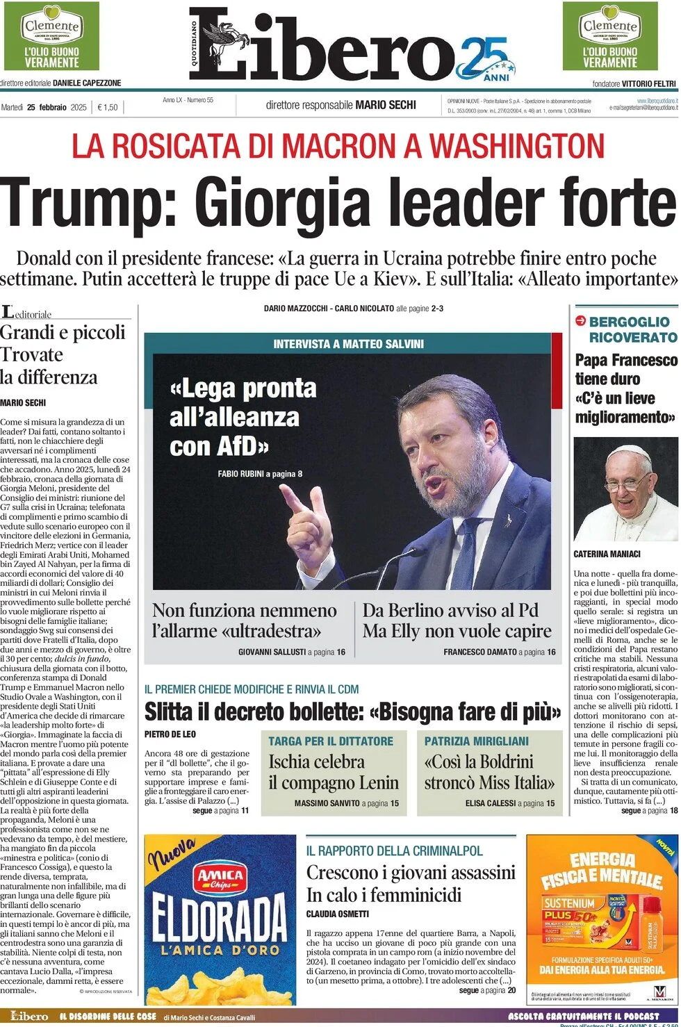 anteprima della prima pagina di libero-quotidiano del 25/02/2025