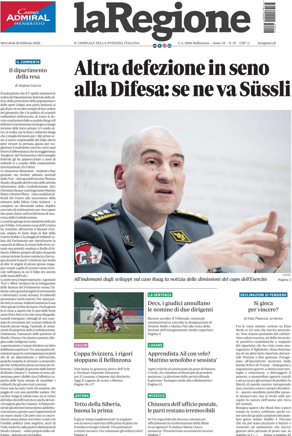 anteprima della prima pagina di la-regione del 26/02/2025