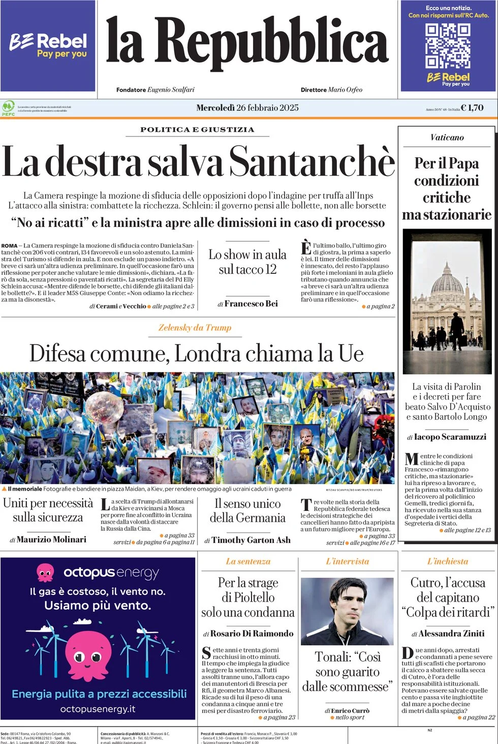 anteprima della prima pagina di la-repubblica del 26/02/2025