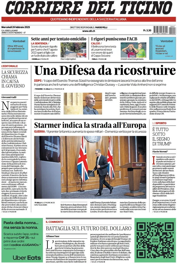 anteprima della prima pagina di corriere-del-ticino del 26/02/2025