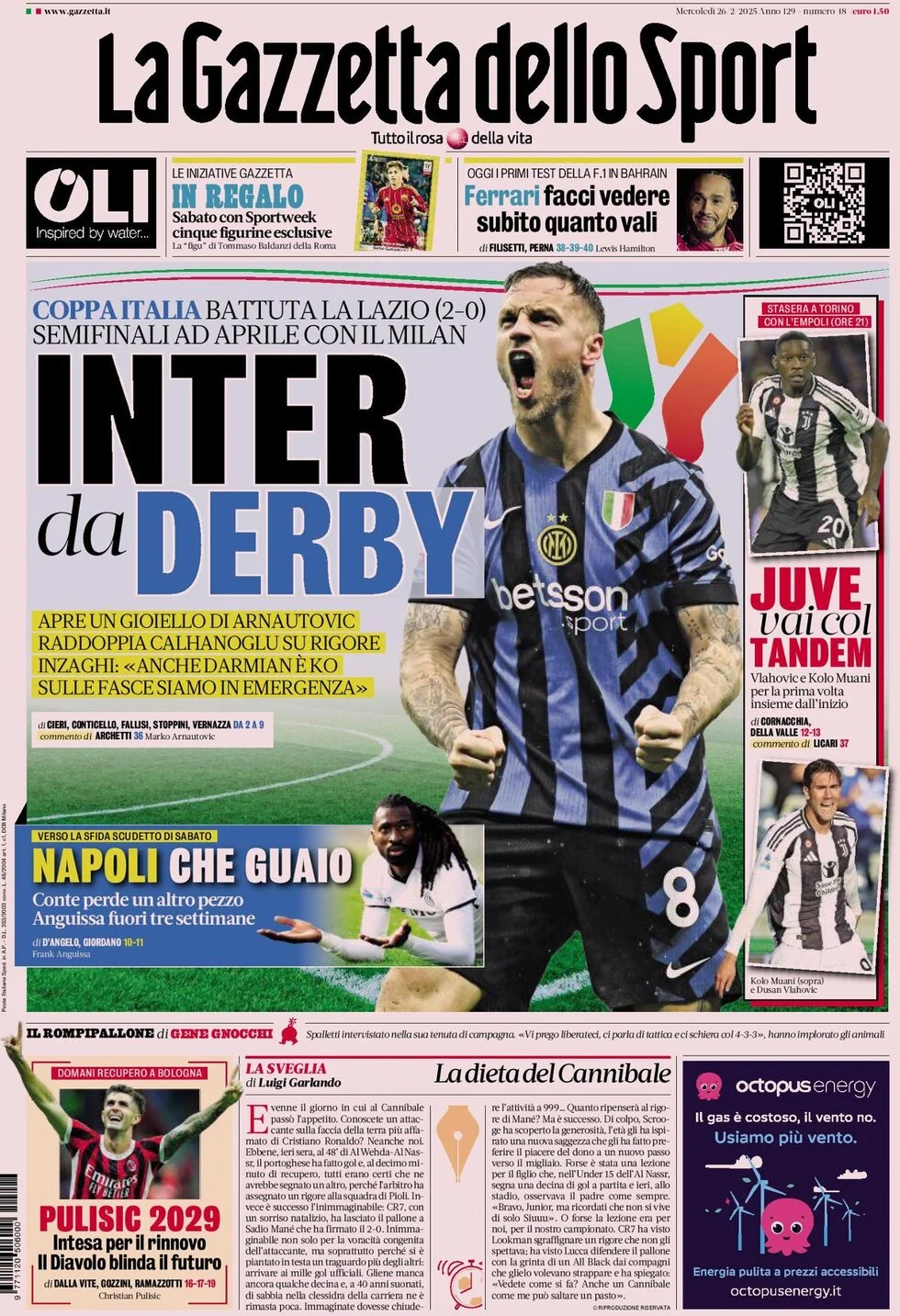 anteprima della prima pagina di la-gazzetta-dello-sport del 26/02/2025