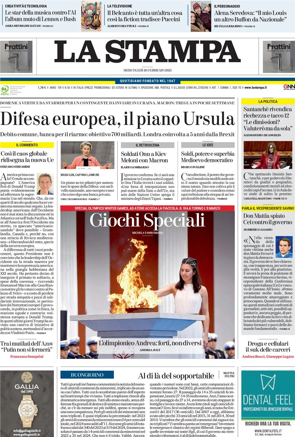 anteprima della prima pagina di la-stampa del 26/02/2025