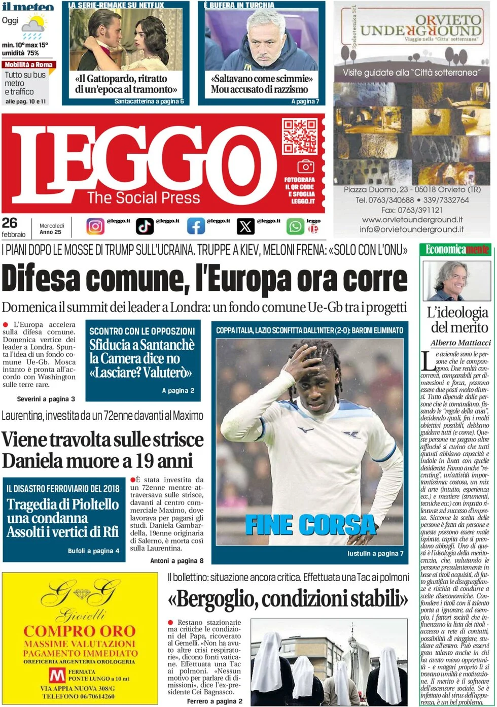 anteprima della prima pagina di leggo-roma del 26/02/2025