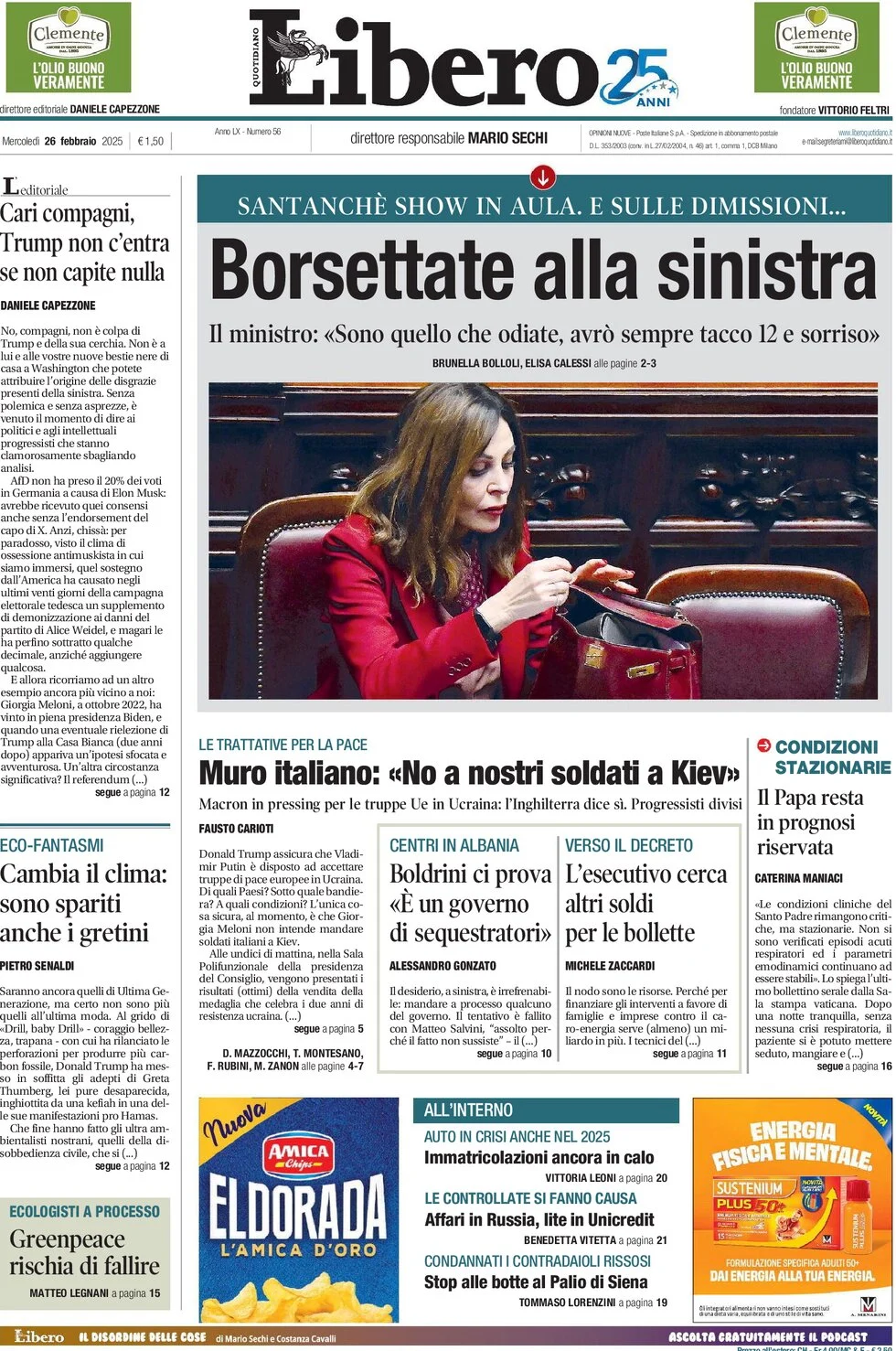 anteprima della prima pagina di libero-quotidiano del 26/02/2025