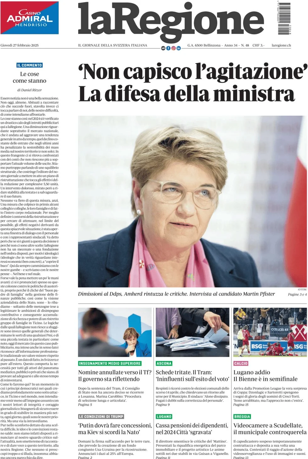 anteprima della prima pagina di la-regione del 27/02/2025
