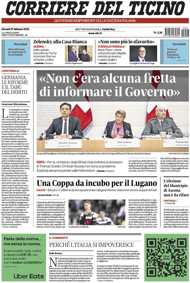 anteprima della prima pagina di corriere-del-ticino del 27/02/2025