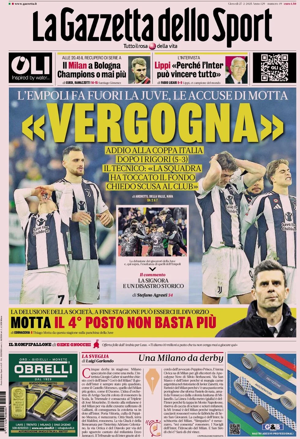 anteprima della prima pagina di la-gazzetta-dello-sport del 27/02/2025