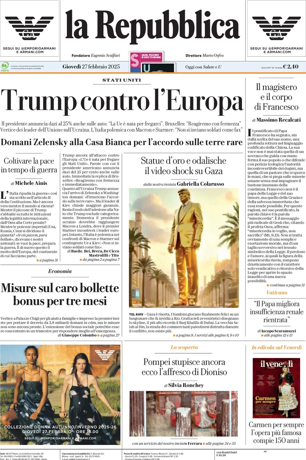 anteprima della prima pagina di la-repubblica del 27/02/2025