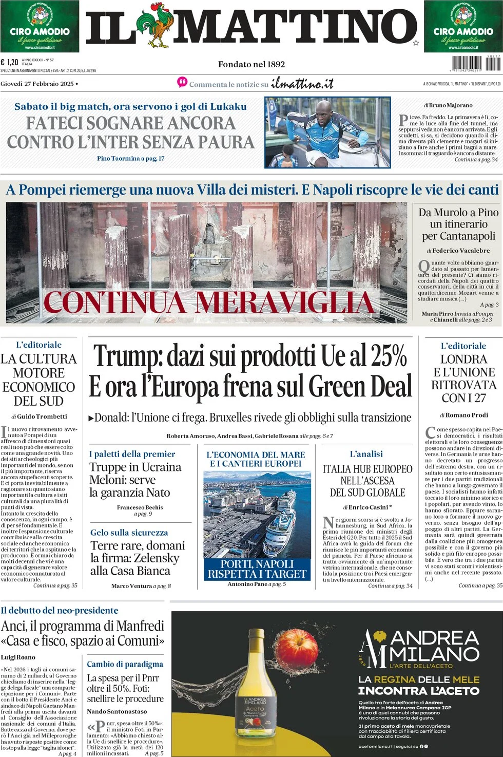 anteprima della prima pagina di il-mattino del 27/02/2025